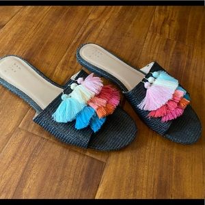 EUC Multicolored tassel slides